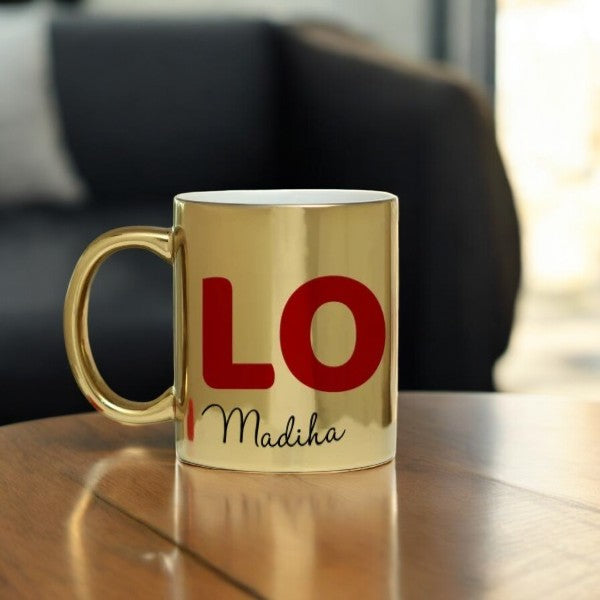 Gold metallic LOVE mug with custom name Madiha, part of 350ml personalized couple set, ideal for romantic home decor or gifting.