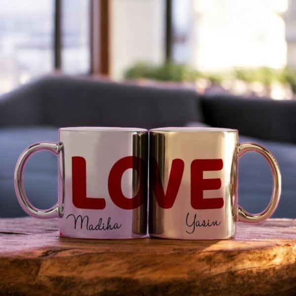 Personalized LOVE Mugs - Metallic set with custom names Madiha and Yasin in gold and silver finish, 350ml couple drinkware for gifting. Main image