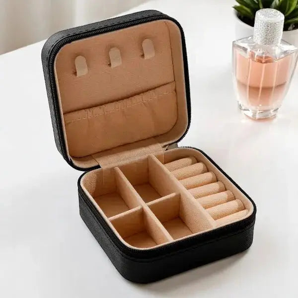 Mini Jewelry Box - Personalized Organizer in black with beige interior, featuring ring rolls, compartments, and earring hooks for compact storage.