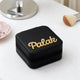 Mini Jewelry Box - Personalized Organizer with name 'Palak' in gold text on black compact case. Ideal for travel and daily jewelry storage.