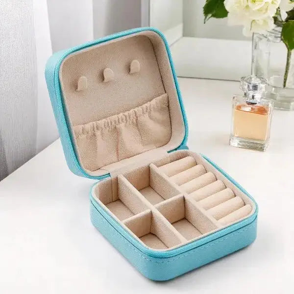Mini Jewelry Box - Personalized Organizer in turquoise with multiple compartments for rings, earrings, and necklaces. Ideal for travel and daily use.