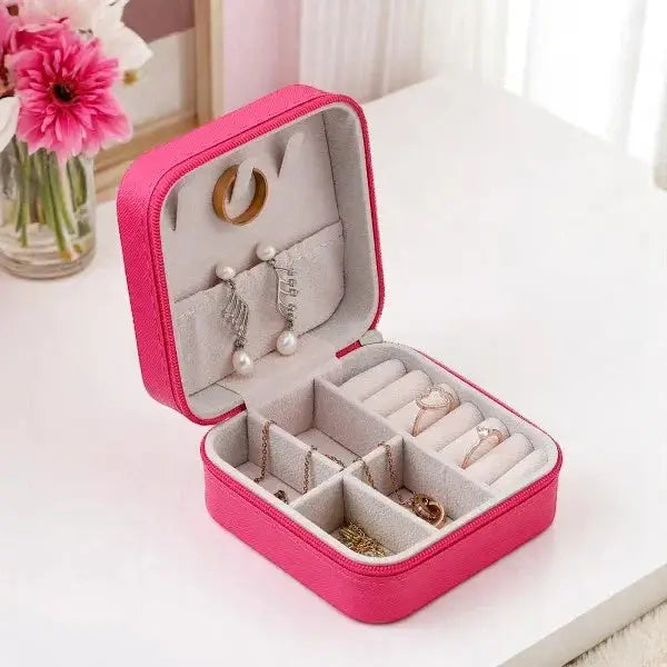 Mini Jewelry Box - Personalized Organizer in pink with compartments for rings, earrings, and necklaces. Ideal compact storage for travel or daily use.