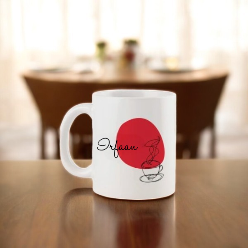 Custom name ceramic mug from the personalized couple mugs set, featuring a red heart design and the name 'Irfaan', ideal for romantic gifting.