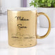Customizable Forever Explorers gold adventure mug with names 'Mohsin' and 'Sara' on metallic finish. Perfect keepsake for couples who love exploring.