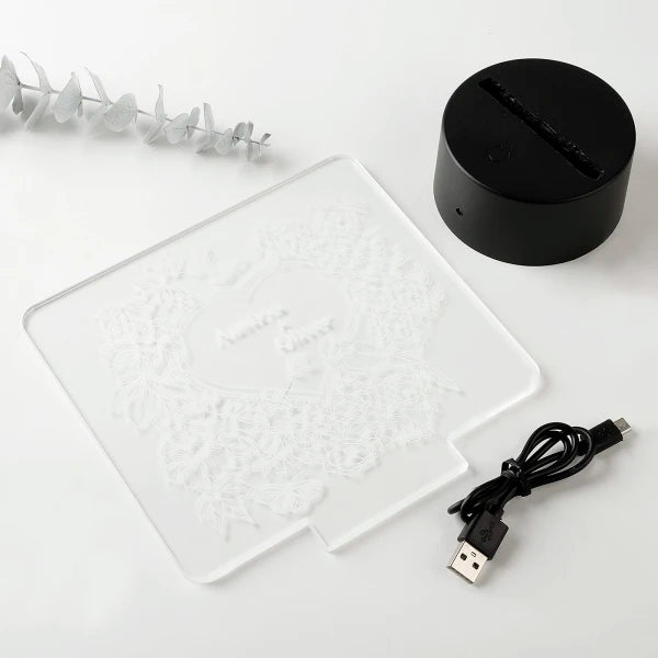 Boundless Love Personalized LED Lamp components including engraved acrylic plate, USB cable, and black LED base for easy setup and gifting.