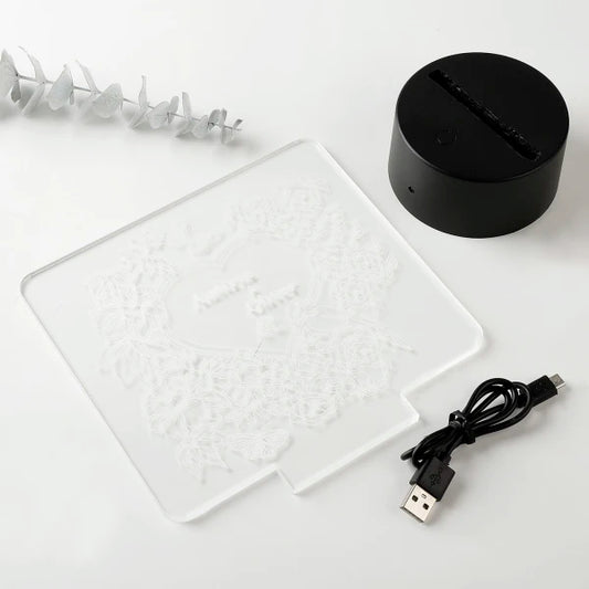 Boundless Love Personalized LED Lamp components including engraved acrylic plate, USB cable, and black LED base for easy setup and gifting.