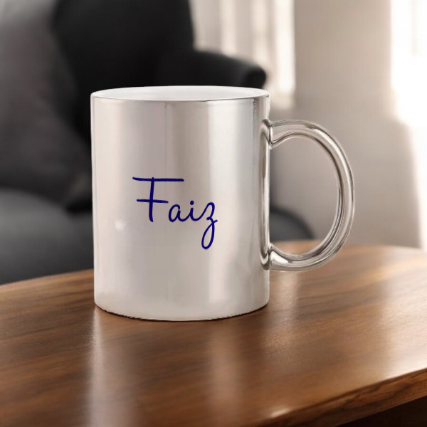 Silver personalized metallic mug featuring the name 'Faiz' in elegant script, perfect custom gift for birthdays, weddings, or Ramadan celebrations.