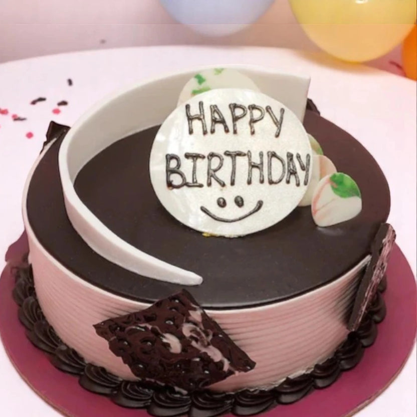 Chocolate Birthday Cake - Moist & Rich with dark chocolate glaze, white chocolate decor, and 'Happy Birthday' topper. Ideal for celebrations. Main image