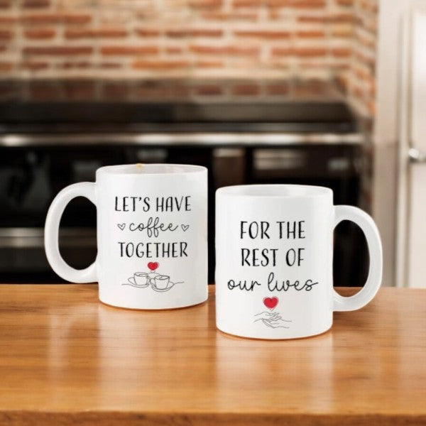 Personalized couple mugs set with 'Let's have coffee together' and 'For the rest of our lives' quotes, 350ml ceramic drinkware for couples. Main image