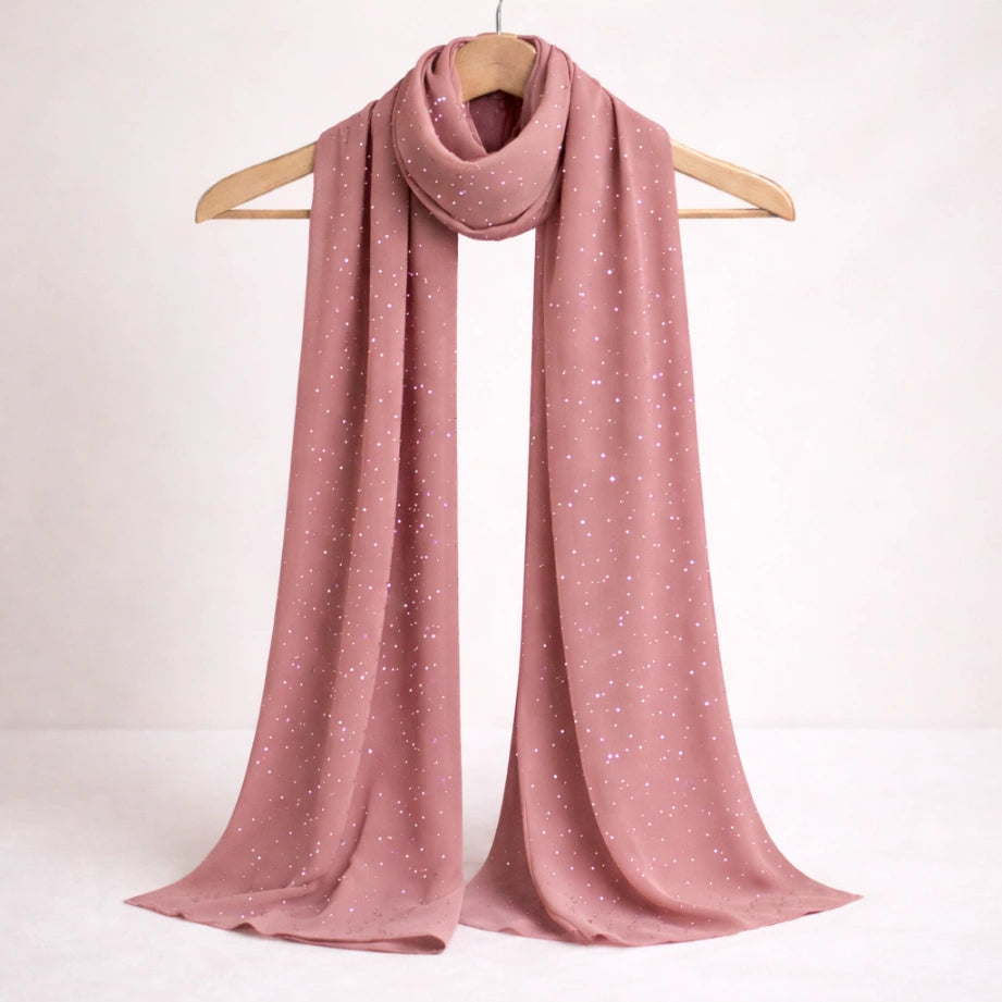 Peach Studded Hijab displayed on hanger, showcasing premium chiffon fabric with subtle studded detailing for stylish modest wear.