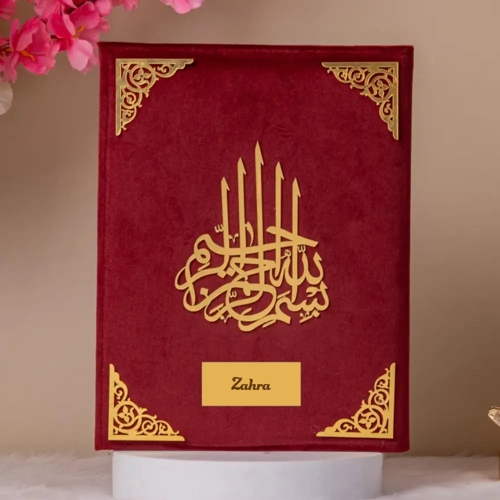 Personalised Premium Kaaba Quran in red velvet with gold Arabic calligraphy and nameplate, ideal for Islamic gifting and prayer essentials.