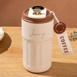 Personalized Steel Flask - Brown Insulated with name 'Jerry', spill-proof lid, and temperature display. Ideal for hot beverages in India.