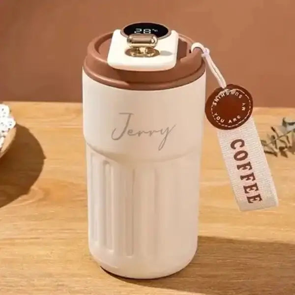 Personalized Steel Flask - Brown Insulated with name 'Jerry', spill-proof lid, and temperature display. Ideal for hot beverages in India. Main image