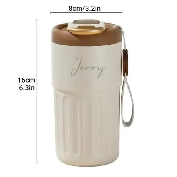 Brown Insulated Personalized Steel Flask with 16cm height and 8cm width. Compact and durable with name engraving and spill-proof lid.