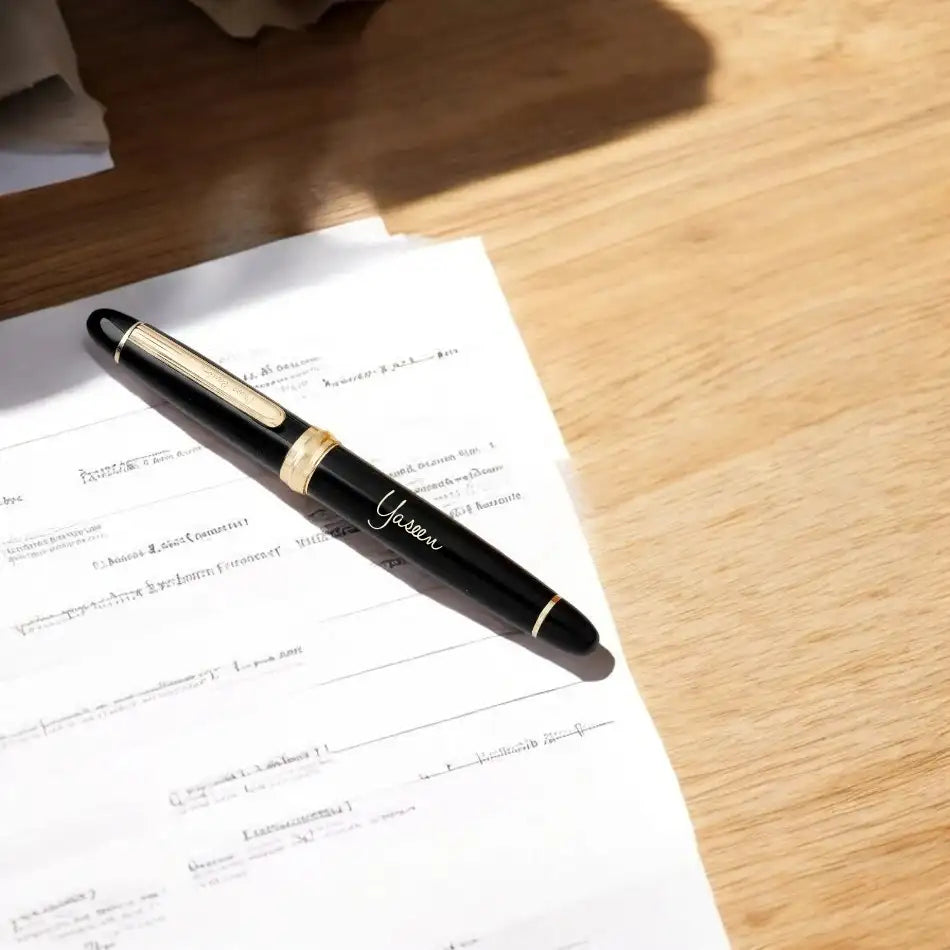 Black pen with gold accents on a piece of paper on a wooden surface Main image