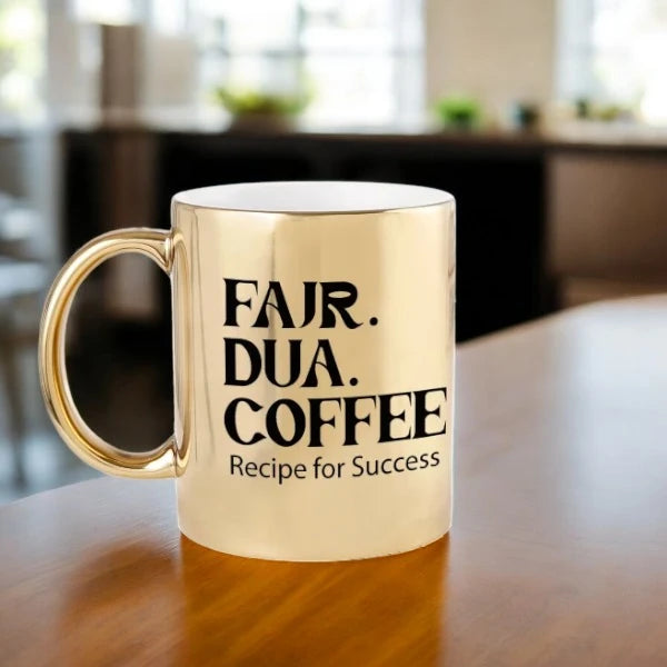 Fajr Dua Mug - Personalized Coffee Ramadan | 350 ml in metallic gold finish with 'Fajr. Dua. Coffee. Recipe for Success' printed, ideal Ramadan gift. Main image
