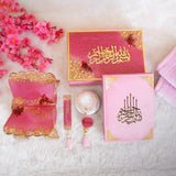 Pink Floral Pearl Sawab-e-Jariya Hamper full set – pink floral velvet Quran, rehal, janamaz, crystal tasbeeh and designer box for Islamic gifting