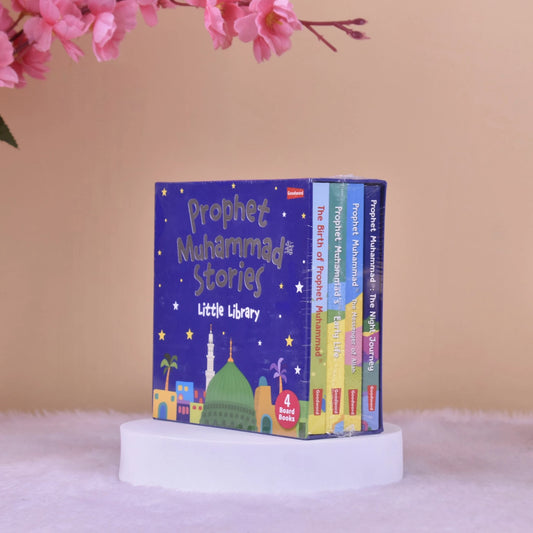 Prophet Muhammad Stories for Kids - Little Library Set showing 4 educational board books with vibrant spines, perfect for early Islamic learning.