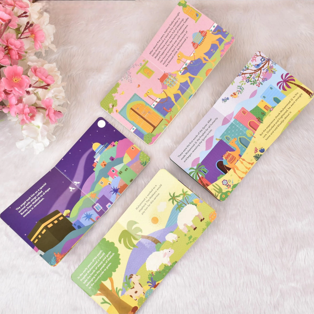 Open pages of Prophet Muhammad Stories for Kids - Little Library Set showing vibrant illustrations and simple text, ideal for early childhood education.
