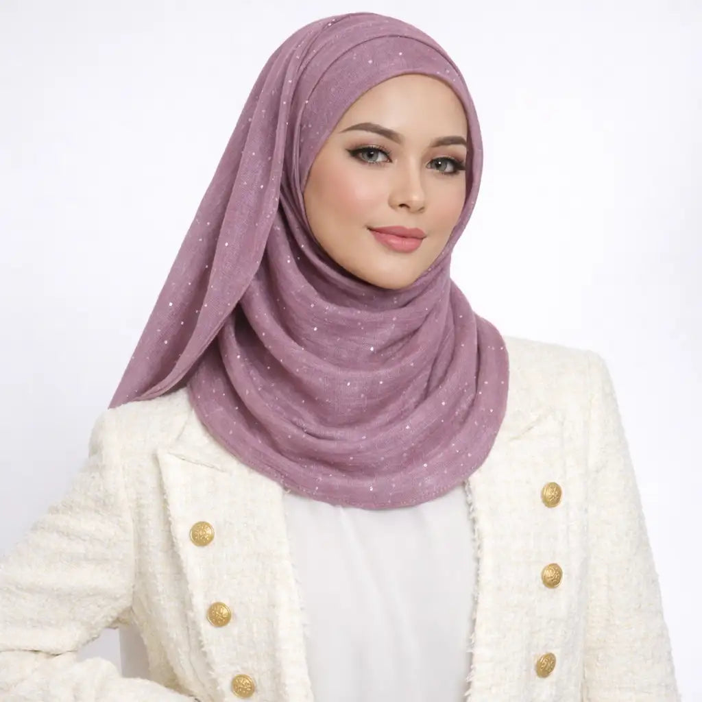 Purple Studded Hijab in premium chiffon styled on a model, offering an ultra-smooth, non-slip fit for modest fashion wear. Main image