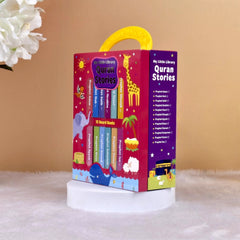 Quran Stories Book Set in a vibrant illustrated box with 12 durable board books for kids, perfect as an Islamic gift for Ramadan or Eid.