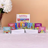 Complete Quran Stories Book Tower set with 12 colorful board books displayed upright, designed for toddlers' Islamic education and storytelling fun.