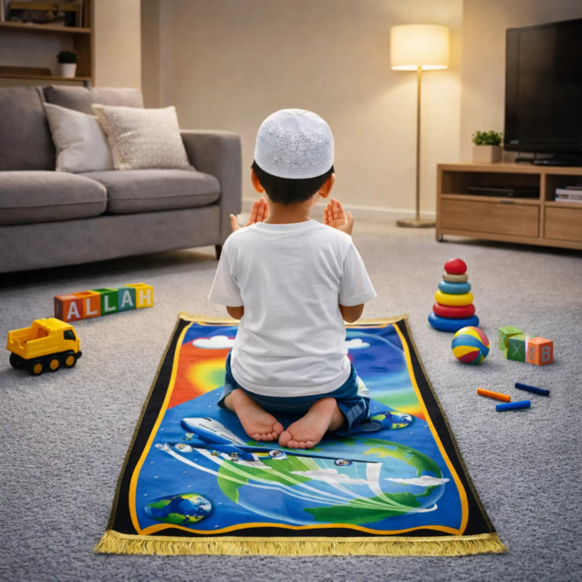 Kids Prayer Mat - Personalized Mat | Janamaz for Kids featuring a boy praying on a vibrant airplane and Earth-themed mat in a cozy indoor setting. Main image