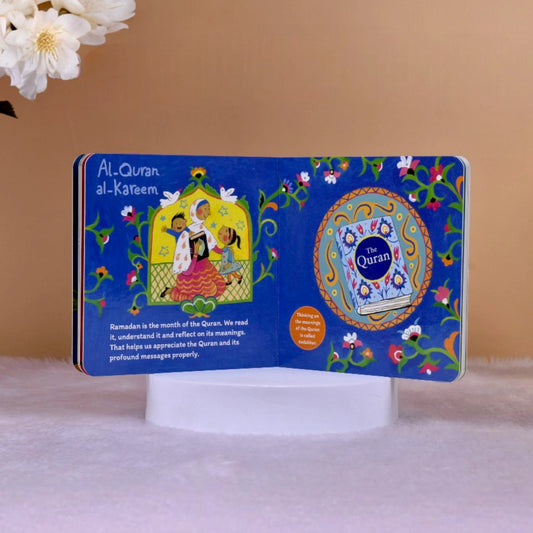 Open pages of Ramadan Eid Gift - Children's Book showing colorful Islamic illustrations and Quran teachings for kids. Perfect for Eid gifting.