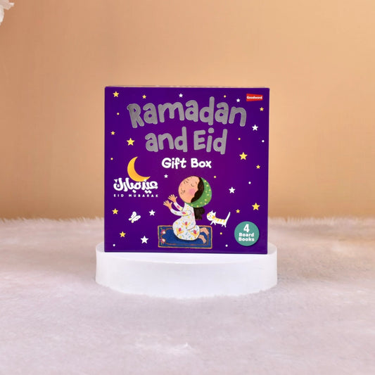 Ramadan and Eid Gift Box - 4 Board Books Set for kids featuring colorful cover with a child praying under stars. Ideal Islamic gift for toddlers.
