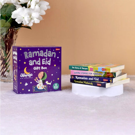 Ramadan and Eid Gift Box with 4 educational board books for kids including titles like The Story of Maryam and Quran Stories for Toddlers.