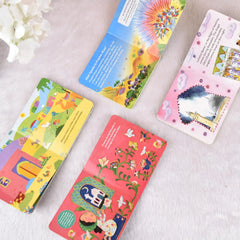 Open pages of 4 board books from the Ramadan and Eid Gift Box showing vibrant illustrations and Islamic stories for toddlers and young kids.