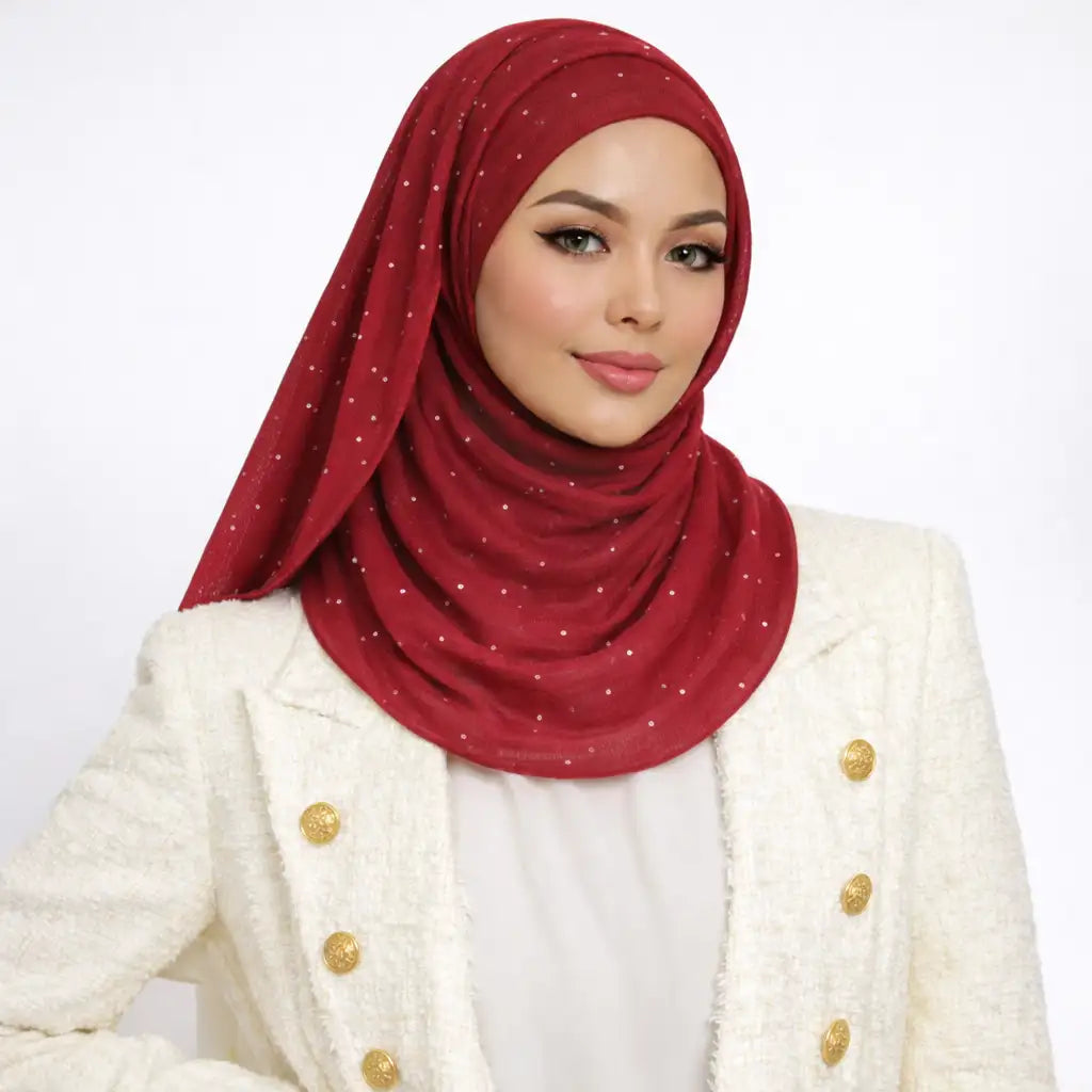 Red Studded Hijab styled on model, featuring smooth 100% polyester chiffon with subtle sparkle. Ideal for modest fashion and secure all-day wear.
