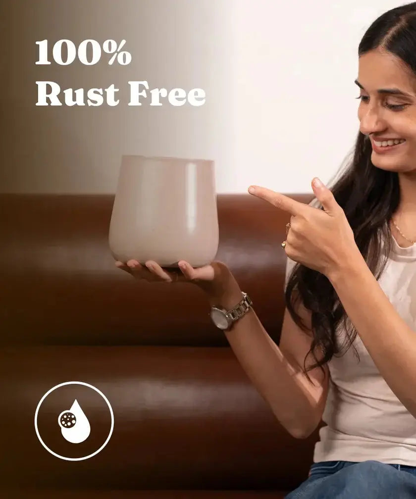 Woman holding a rust-free product with text