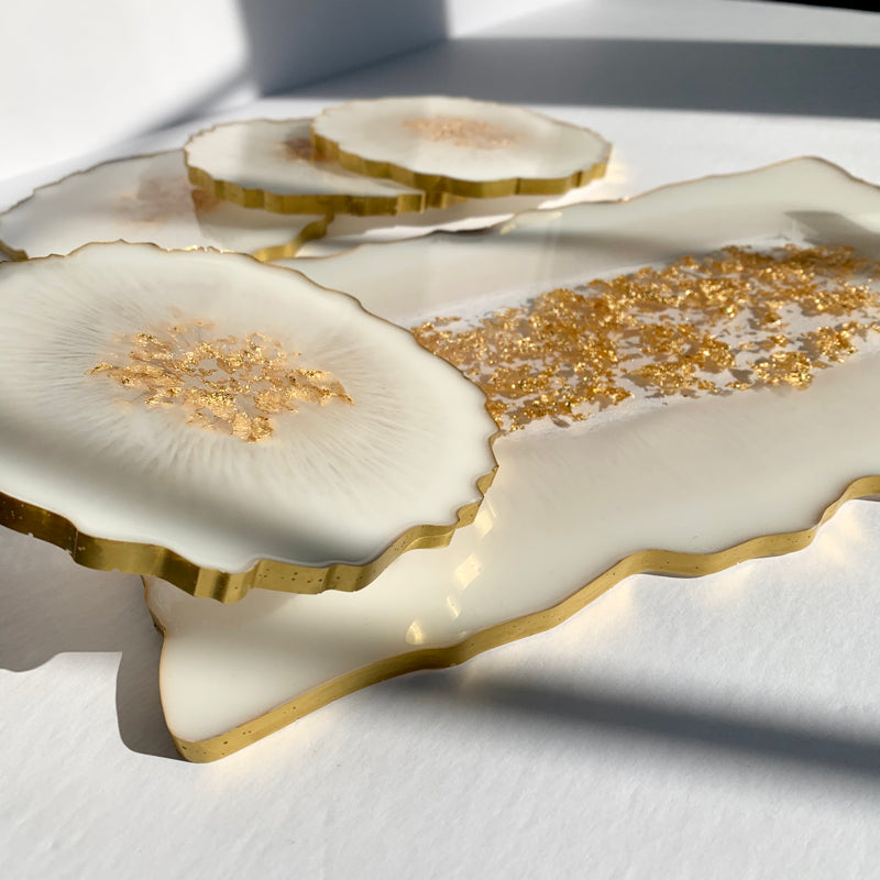 Golden Flakes Elegance Tray - Serving | Handmade India with matching coasters, featuring gold accents and resin craftsmanship. Ideal for gifting or hosting.