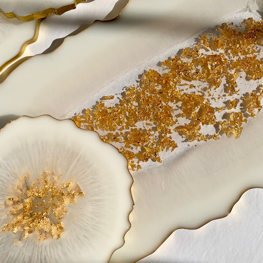 Close-up of Golden Flakes Elegance Tray - Serving | Handmade India showing intricate gold flake detailing on resin surface. Perfect for upscale entertaining.