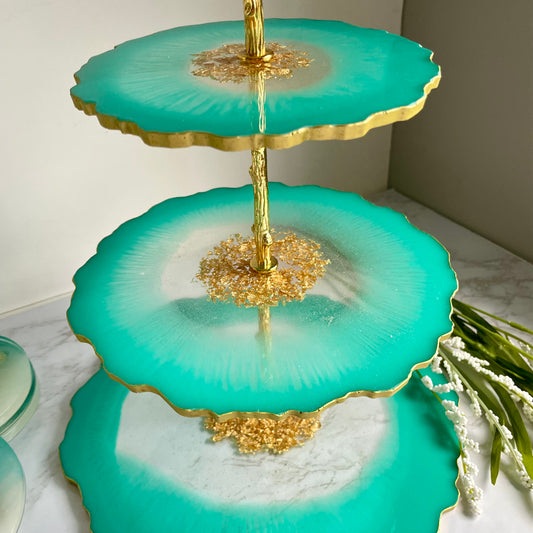 Close-up of Sea Green 3 Tier Serving Stand | Handmade Elegance with gold detailing and floral resin design, perfect for home decor or gifting.