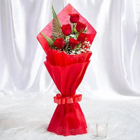 Crimson Love 6 Roses - Red Roses Bouquet Gift arranged with ferns and white fillers in elegant red paper, great for same day delivery.