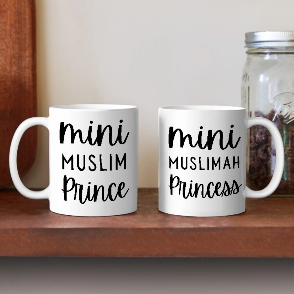 Mini Muslim Royalty Mug for Kids - Mini Muslim | Set of two ceramic mugs labeled 'Mini Muslim Prince' and 'Mini Muslimah Princess' for kids' Islamic gift sets.