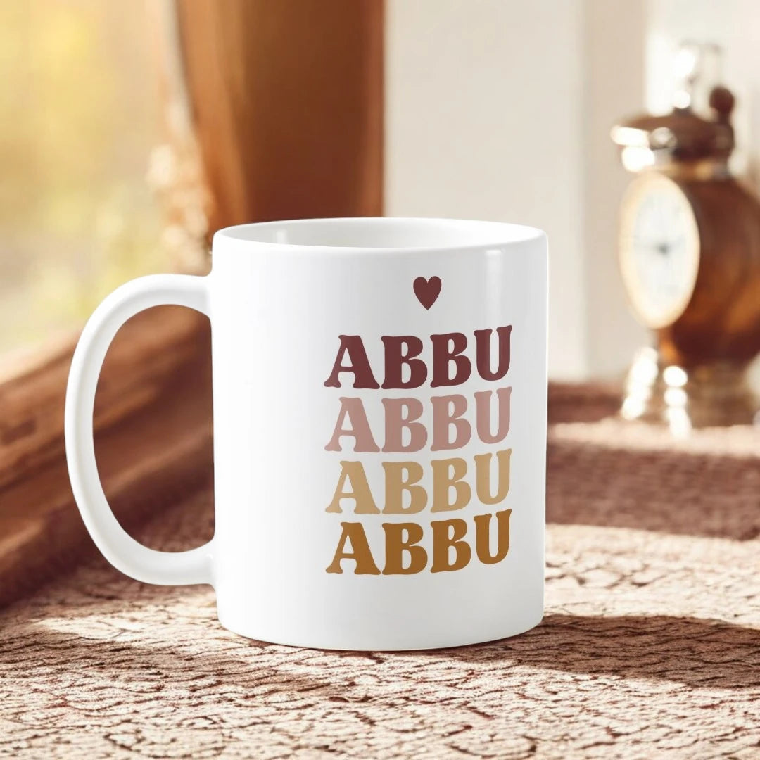 Abbu Mug - Personalized Gift | Ceramic Mug 350ml with multicolor 'Abbu' text and heart design, ideal for Father's Day or birthday gifting. Main image
