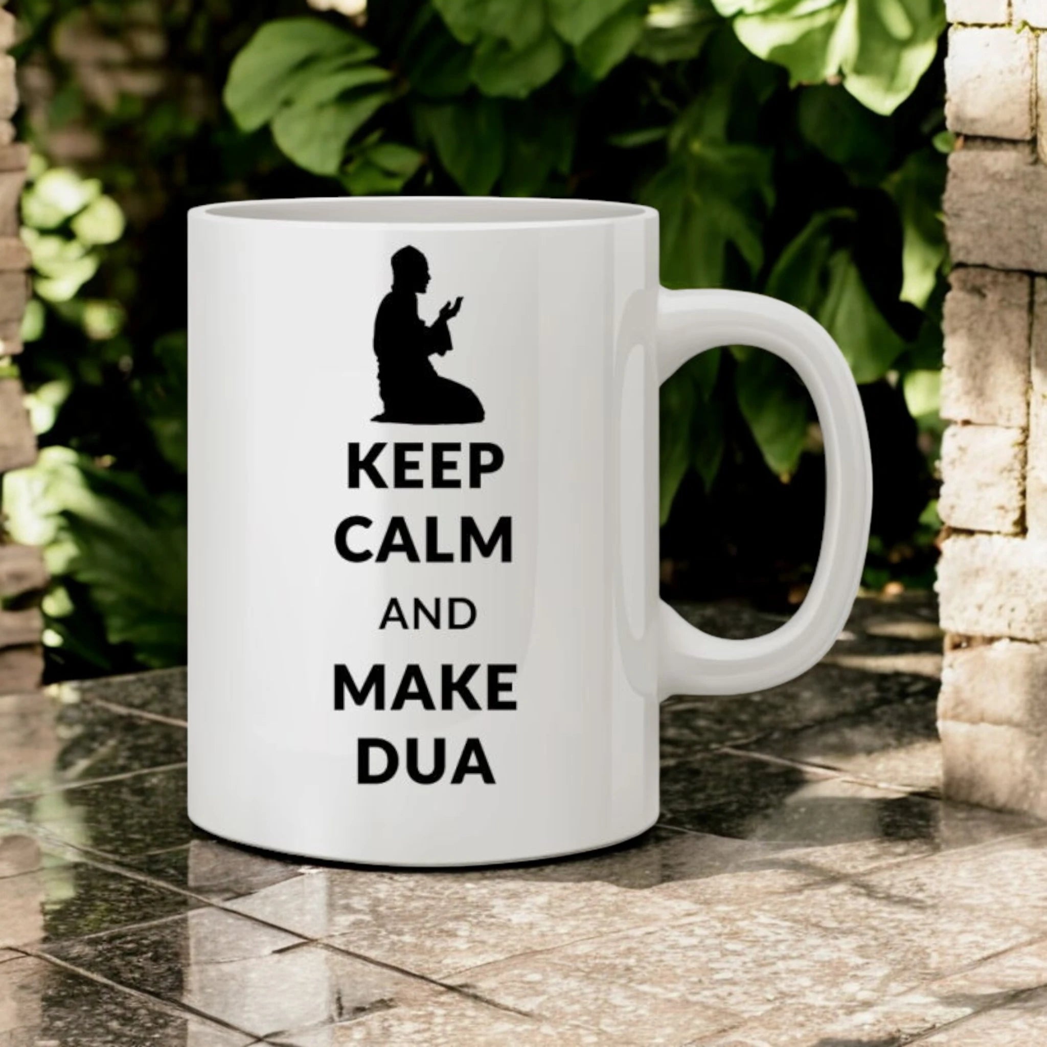 Keep Calm Mug - Dua Mug in white ceramic with 'Keep Calm and Make Dua' text and praying silhouette, 350ml, ideal for daily reflection. Main image