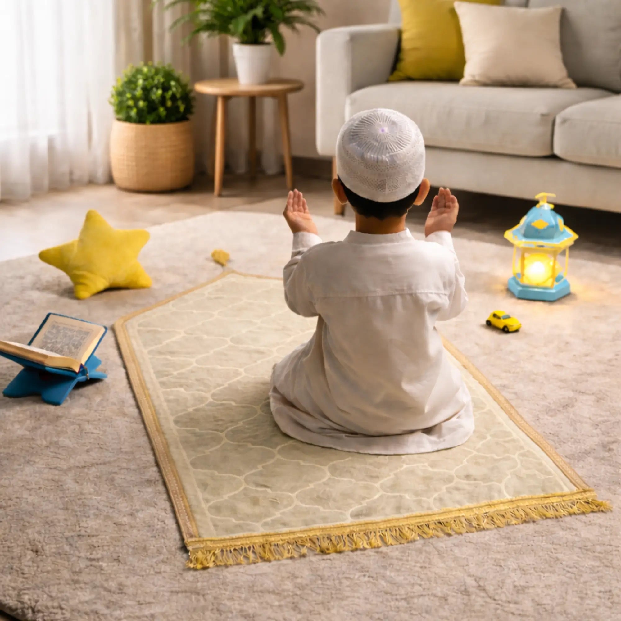 White Kids Dome Janamaz - Kids Dome Prayer Rug shown in a cozy living room with a child praying, ideal for ages 3 to 10. Soft, foldable, and portable.