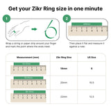 Zikr Ring size guide showing how to measure finger for Noor Zikr Ring 2.0 with size chart in mm and US sizes.