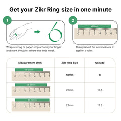 Zikr Ring size guide showing how to measure finger for Noor Zikr Ring 2.0 with size chart in mm and US sizes.